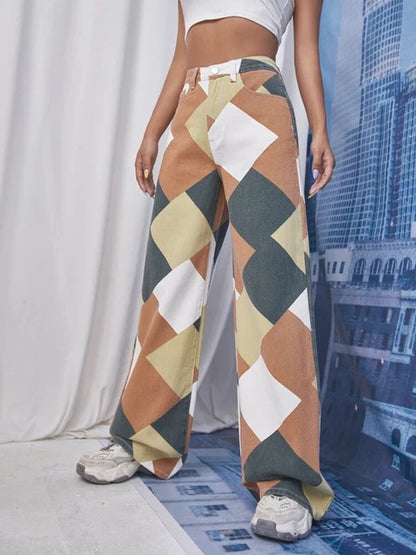 Argyle Plaid Casual Straight Pants Women High Waist Jeans Y2K Harajuku Aesthetic Trousers Checkered Streetwear 2025 New