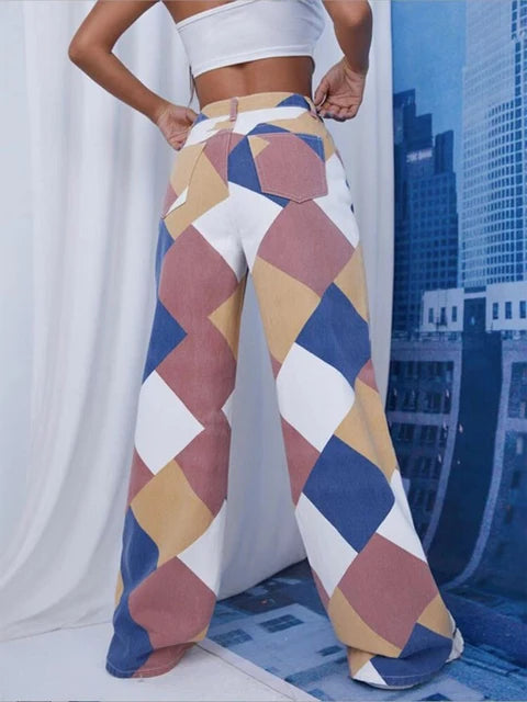 Argyle Plaid Casual Straight Pants Women High Waist Jeans Y2K Harajuku Aesthetic Trousers Checkered Streetwear 2025 New