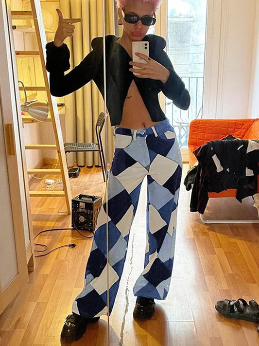 Argyle Plaid Casual Straight Pants Women High Waist Jeans Y2K Harajuku Aesthetic Trousers Checkered Streetwear 2025 New