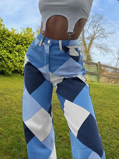 Argyle Plaid Casual Straight Pants Women High Waist Jeans Y2K Harajuku Aesthetic Trousers Checkered Streetwear 2025 New