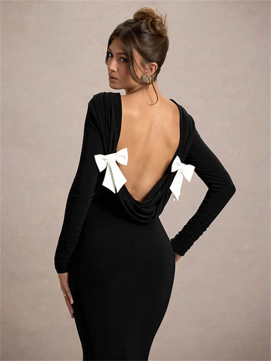 Vestido largo negro con lazo y espalda descubierta para mujer, moda de cintura alta, elegante vestido de fiesta de lujo, vestido maxi femenino de otoño