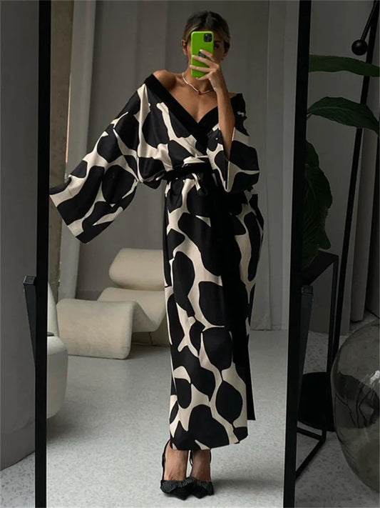 Vestido largo holgado con cordones y cuello en V para mujer, ropa de dormir de otoño, manga larga, estilo vendaje