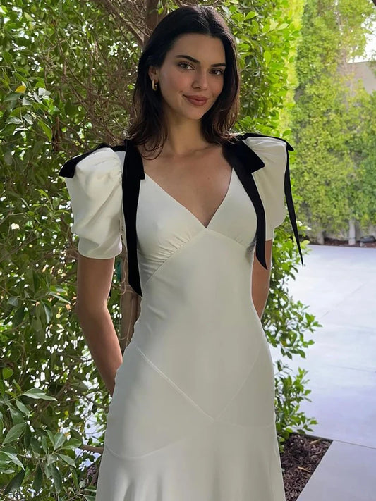 Vestido largo con lazo y cordones para mujer, elegante, ajustado, de fiesta, con cintura alta y manga corta.