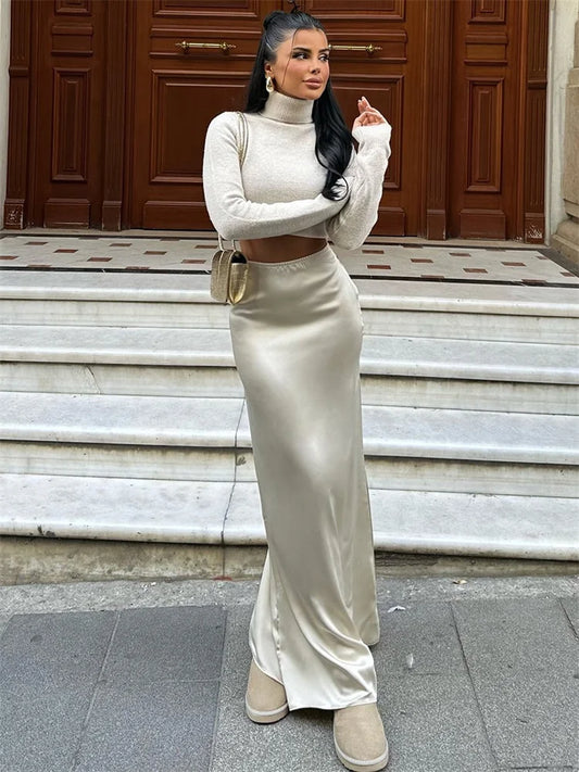 Falda larga de cintura alta para mujer, de moda, lisa, ajustada, con retazos, elegante, Y2k, otoño 2025, de satén, sexy, para mujer