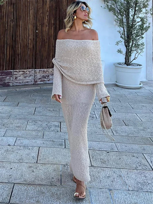Vestido largo holgado de punto con cuello halter y aberturas para mujer, de verano, con retazos, de cintura alta, para playa y vacaciones, 2025