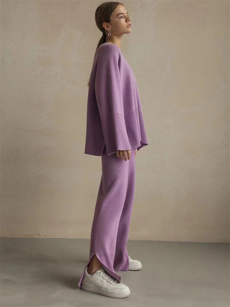 Conjuntos casuales sueltos de dos piezas para mujer, suéter de punto de gran tamaño y pantalones acampanados, conjuntos de chándal de punto para mujer, conjuntos de suéter