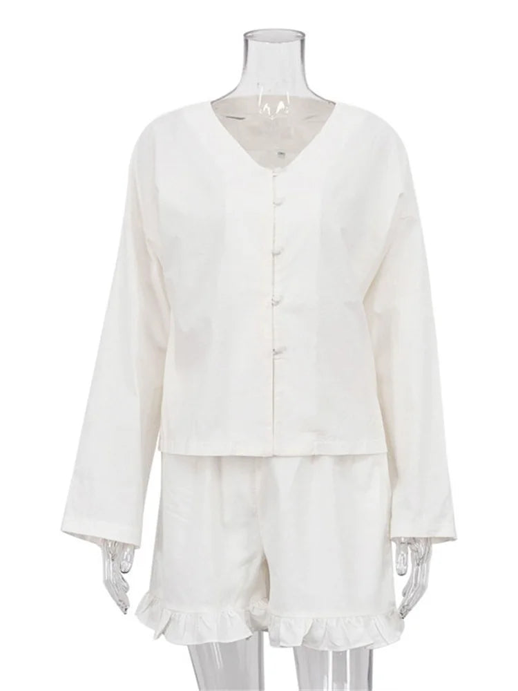 Conjuntos casuales con volantes para mujer, pantalones cortos de manga larga y cintura alta, dos piezas, lisos, hasta la rodilla, holgados, ropa de dormir para mujer.