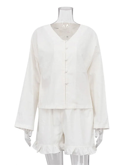 Conjuntos casuales con volantes para mujer, pantalones cortos de manga larga y cintura alta, dos piezas, lisos, hasta la rodilla, holgados, ropa de dormir para mujer.