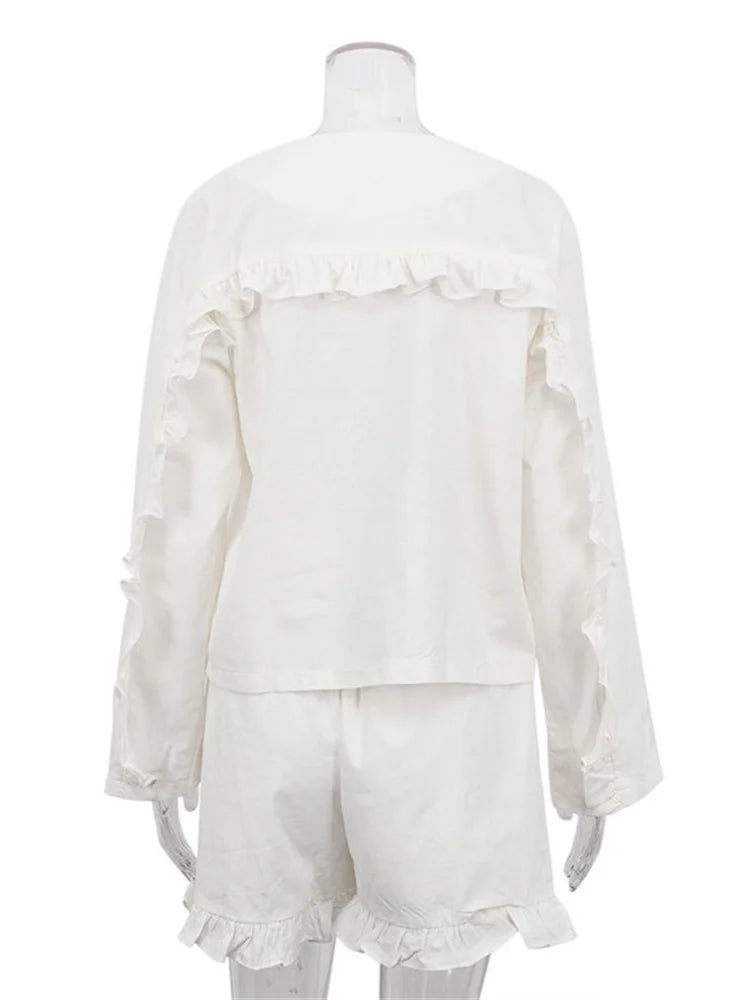 Conjuntos casuales con volantes para mujer, pantalones cortos de manga larga y cintura alta, dos piezas, lisos, hasta la rodilla, holgados, ropa de dormir para mujer.