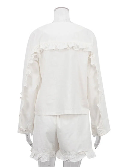 Conjuntos casuales con volantes para mujer, pantalones cortos de manga larga y cintura alta, dos piezas, lisos, hasta la rodilla, holgados, ropa de dormir para mujer.