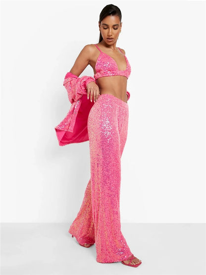 Conjunto de dos piezas brillante para mujer, con blusa, camisa y pantalón de lentejuelas, chándal de noche de lujo, para fiesta