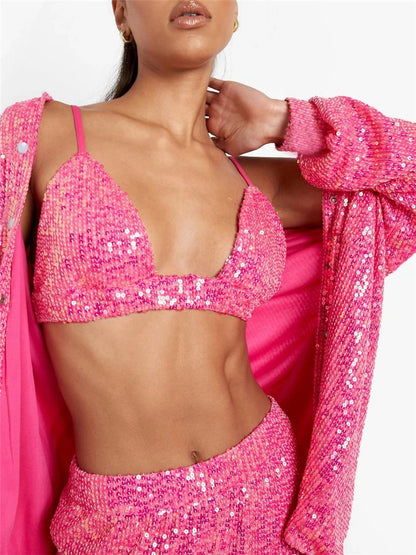 Conjunto de dos piezas brillante para mujer, con blusa, camisa y pantalón de lentejuelas, chándal de noche de lujo, para fiesta