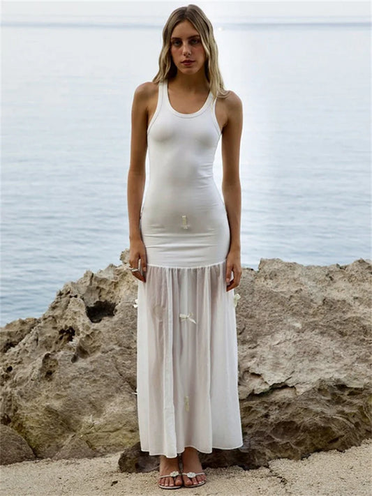 Vestido largo de malla con lazo para mujer, vestido de fiesta playero transparente con retazos, elegante y ajustado, novedad de verano