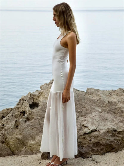 Vestido largo de malla con lazo para mujer, vestido de fiesta playero transparente con retazos, elegante y ajustado, novedad de verano