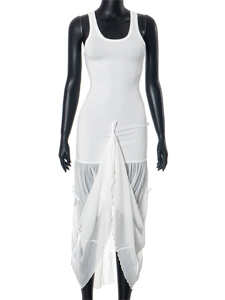 Vestido largo de malla con lazo para mujer, vestido de fiesta playero transparente con retazos, elegante y ajustado, novedad de verano