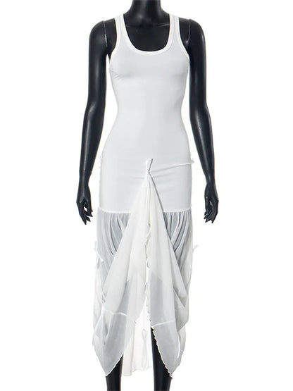 Vestido largo de malla con lazo para mujer, vestido de fiesta playero transparente con retazos, elegante y ajustado, novedad de verano