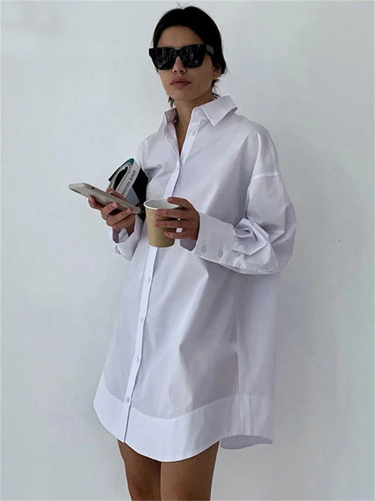 Camisas blancas holgadas de moda para mujer, cárdigan de retazos transparentes, abrigo con solapa, blusa ajustada de manga larga de gran tamaño.