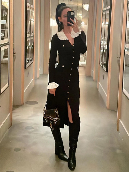 Vestido largo de punto de invierno con cuello en V, cárdigan de cintura alta con volantes para mujer, suéter acanalado, vestido de fiesta elegante, vestido de punto para mujer