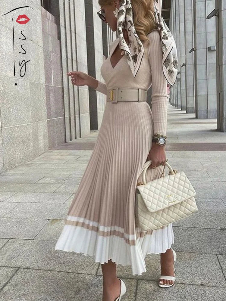 Vestido maxi de punto con cuello en V acanalado y pliegues para mujer, ajustado, sexy, de corte A, con parches de dos colores, elegante y chic.