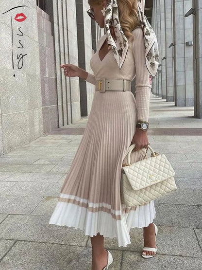 Vestido maxi de punto con cuello en V acanalado y pliegues para mujer, ajustado, sexy, de corte A, con parches de dos colores, elegante y chic.