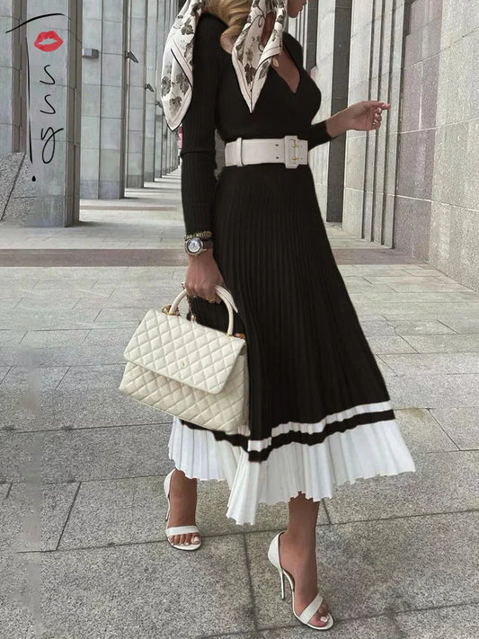 Vestido maxi de punto con cuello en V acanalado y pliegues para mujer, ajustado, sexy, de corte A, con parches de dos colores, elegante y chic.