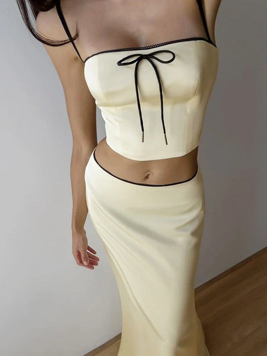 Conjunto de falda de cintura alta con tirantes y ombligo descubierto para mujer, de color liso, estilo fiesta, 2025