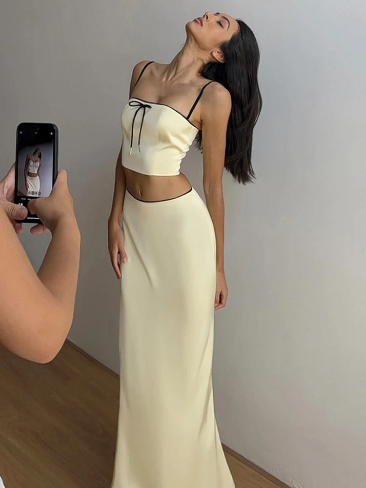 Conjunto de falda de cintura alta con tirantes y ombligo descubierto para mujer, de color liso, estilo fiesta, 2025