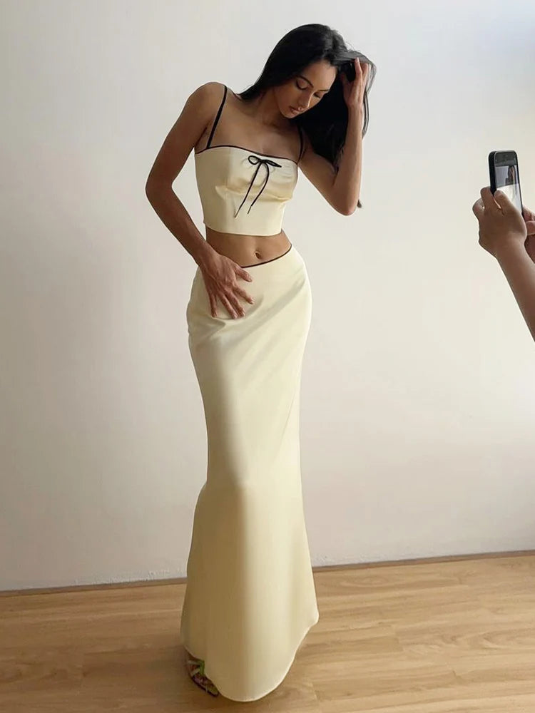 Conjunto de falda de cintura alta con tirantes y ombligo descubierto para mujer, de color liso, estilo fiesta, 2025