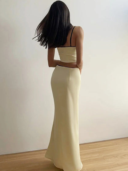 Conjunto de falda de cintura alta con tirantes y ombligo descubierto para mujer, de color liso, estilo fiesta, 2025