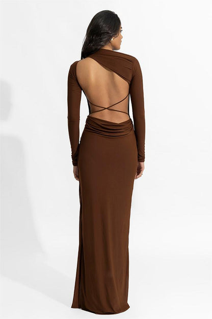 Vestido largo de manga larga con fruncido liso 