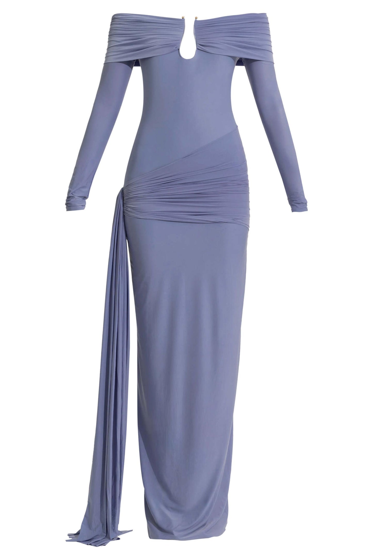 Vestido largo liso fruncido con hombros descubiertos 