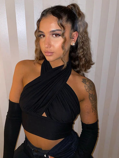 Top corto sin mangas con espalda descubierta y cuello halter con tiras cruzadas en la parte delantera para mujer, chaleco de vendaje, tops sexis de verano, ropa para mujer tallas S-XL