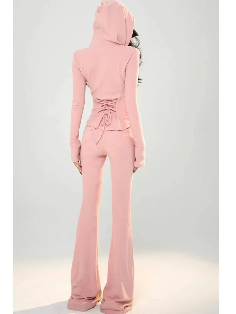 Conjunto de chándal informal de 2 piezas Y2K para mujer, con capucha, cremallera, abrigo ajustado y pantalones anchos con cordón, moda coreana de otoño, conjuntos sólidos