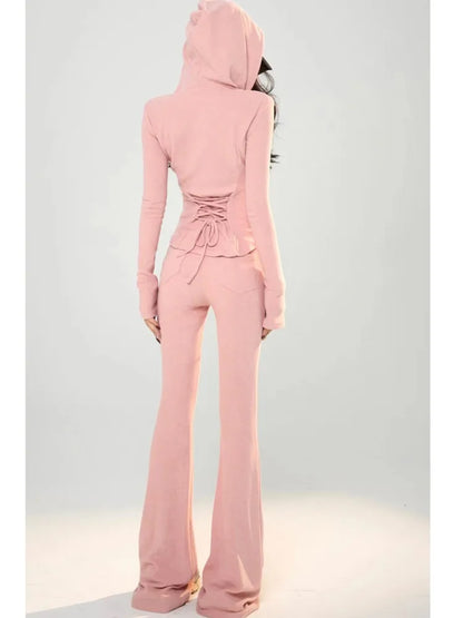 Conjunto de chándal informal de 2 piezas Y2K para mujer, con capucha, cremallera, abrigo ajustado y pantalones anchos con cordón, moda coreana de otoño, conjuntos sólidos