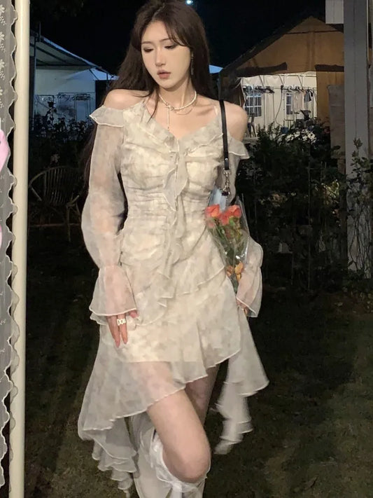 Vestido corto irregular con volantes Y2K para mujer, novedad de verano, con mangas acampanadas y efecto tie-dye, elegante vestido de fiesta de primavera, vestido de graduación, vestido con cuello halter