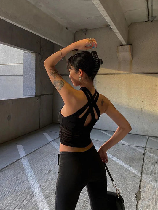 Camisola sexy Y2K con cuello halter y abertura para mujer, sin mangas, fruncida, de malla con retazos, ropa de club, chaleco liso a la moda