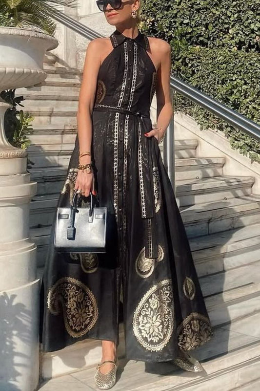 Vestido largo sin mangas con cuello camisero y bolsillos con lazo "Vacation Calls"