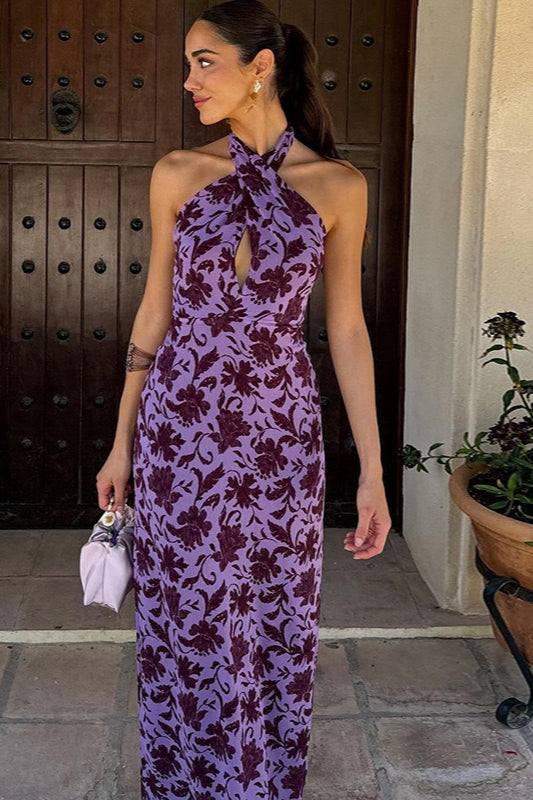 Backless Halter Print Slit Maxi Dress