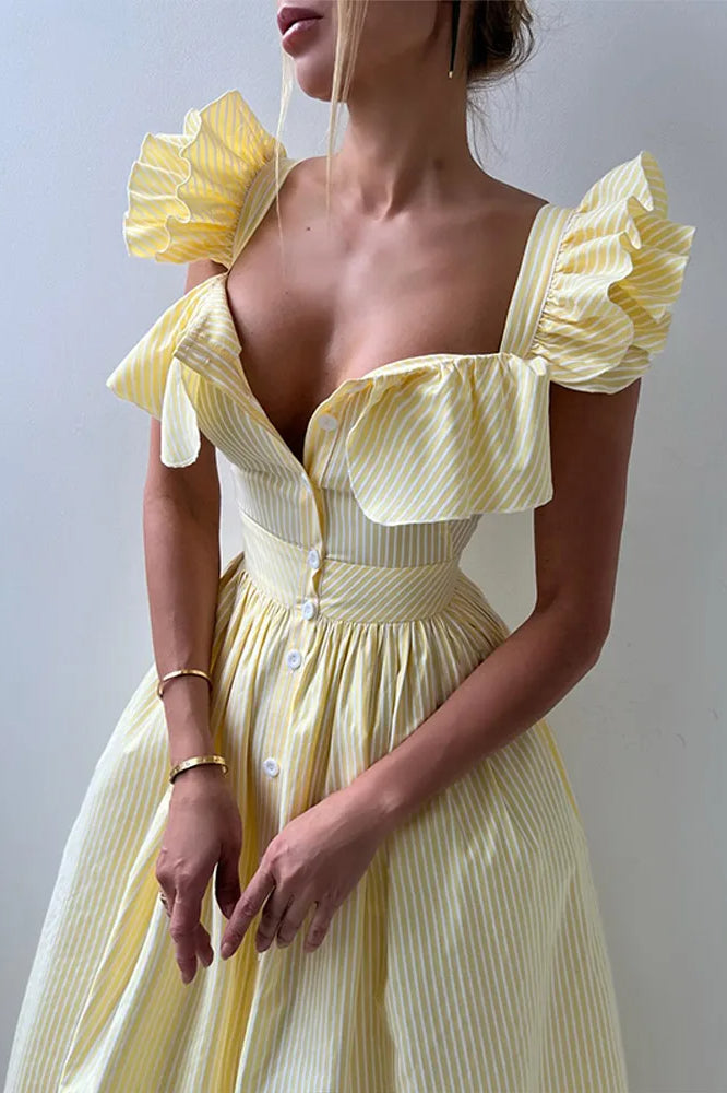 Ruffle Striped Square Collar Floral Dress