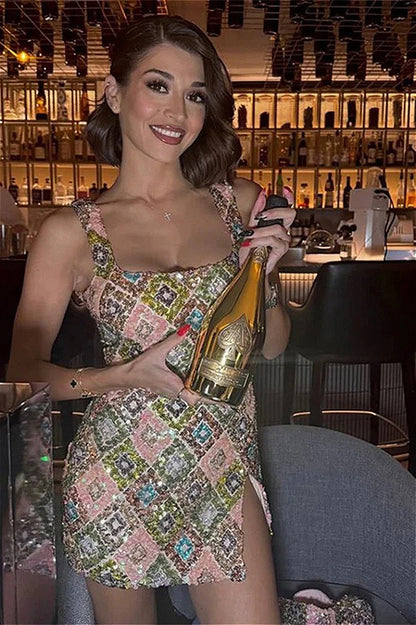 Sequin Halter Mini Floral Dress