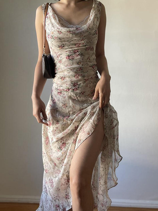 Beige Y2k Floral Irregular Holiday Style Maxi Dress