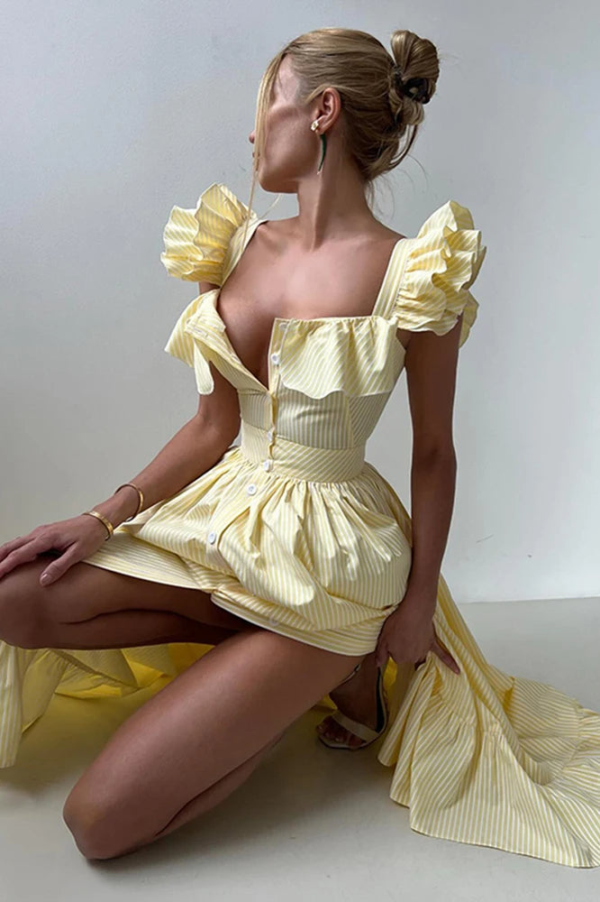 Ruffle Striped Square Collar Floral Dress