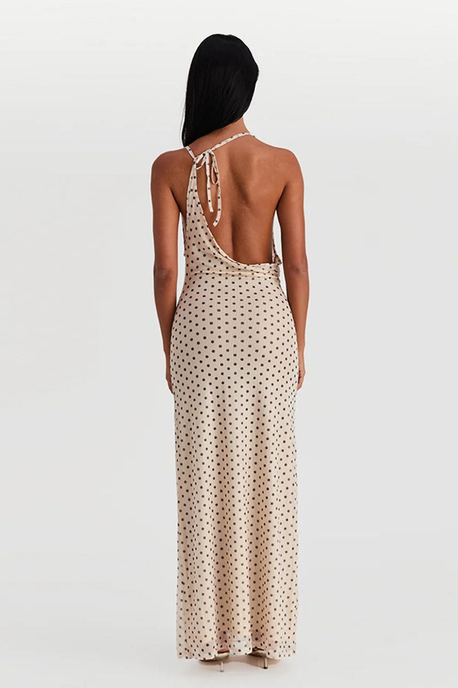 Polka Dot Halter Neck Sleeveless Maxi Dress