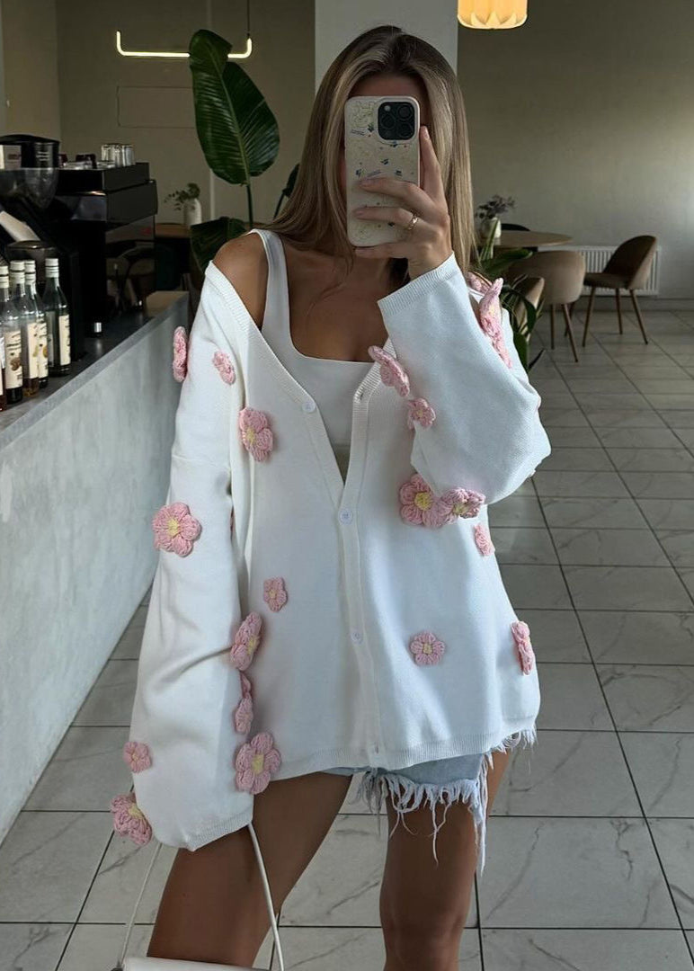 Blush Bloom - 3D Floral Knit Cardigan with V-Neck