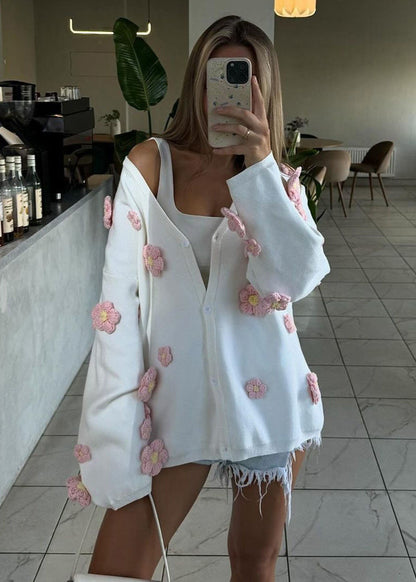 Blush Bloom - 3D Floral Knit Cardigan with V-Neck