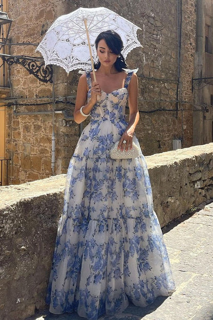 Floral Print Sleeveless Backless Lace-up Floral Dress