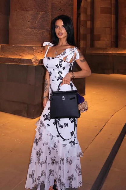 Sexy Floral Print Mesh Strapless Maxi Dress