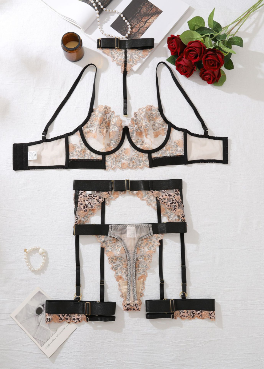 Leona - Embroidered Leopard Mesh Lingerie Set