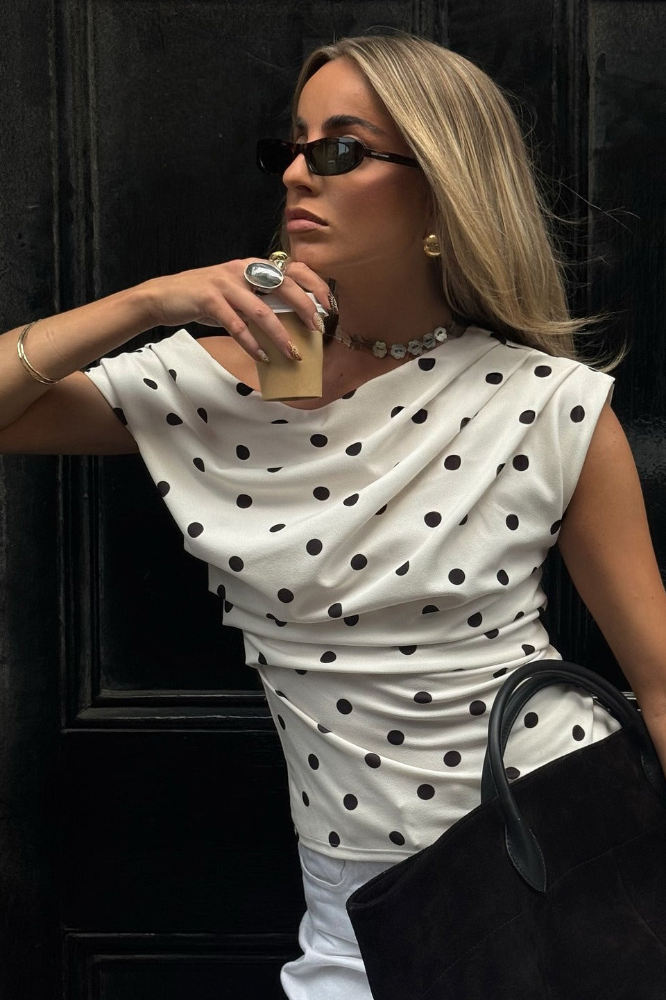 Retro Polka Dot One Shoulder Blouse