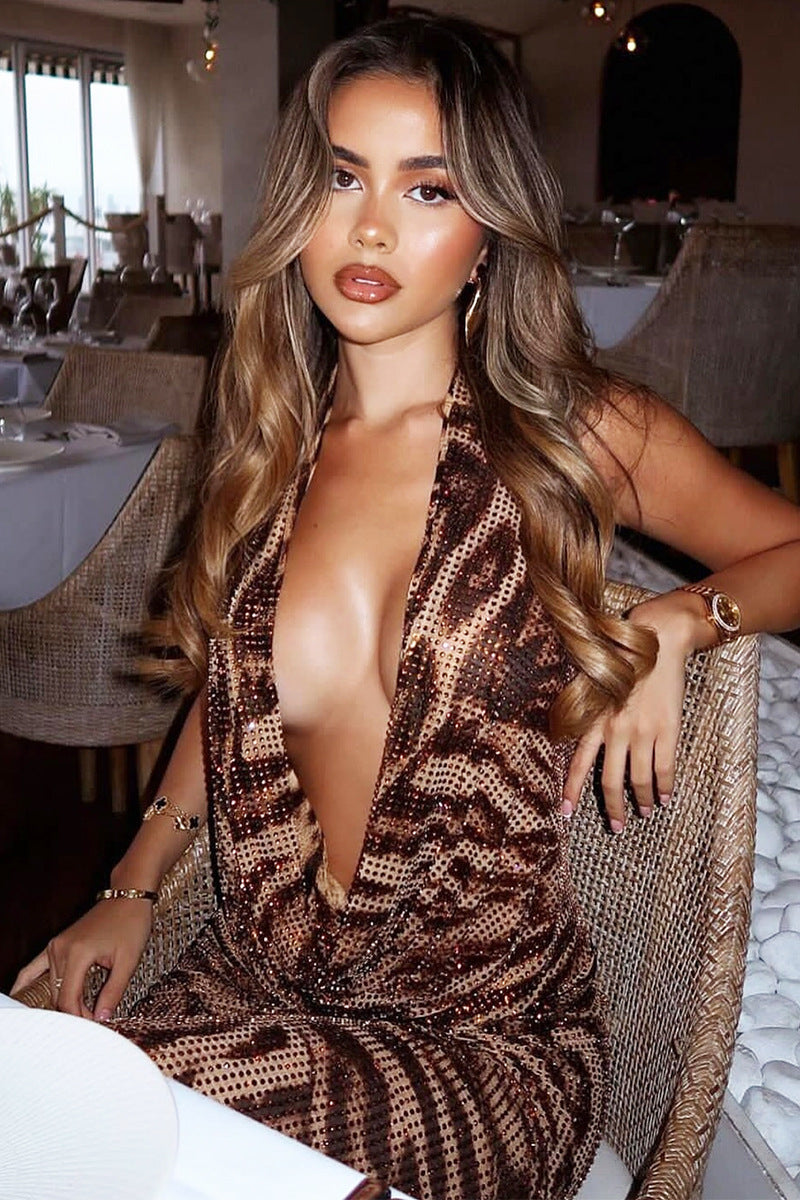 Sexy Printed Rhinestone Halter Backless Maxi Dress